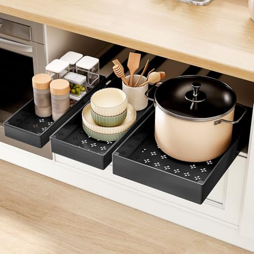 SOLEDI Teleskopschublade zum kleben, Ausziehbare schublade küche 3er-Set, Küchenschrank organizer ausziehbar, Kein Bohren und Nageln Erforderlich (Schwarz)
