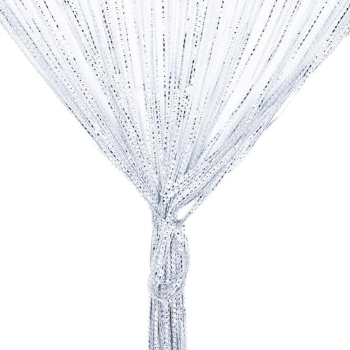 String Curtain Panel,Glitter Door Wall Window Doorways Panel Fly Screen Fringe Room Divider Blinds,Decorative Tassel Ribbon Strip Silver Screen for Living room,Bedroom,Party Events (White)