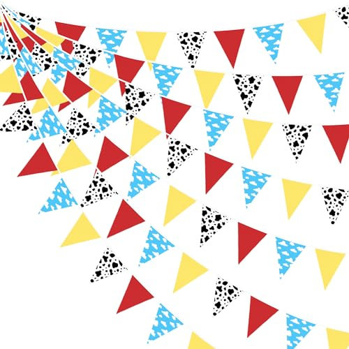 32Ft Red Blue Yellow Cloud and Cow Print Fabric Bunting Banner Cartoon Story Party Decorations Toy Story Triangle Flag Pennant Garland for Kids Birthday Baby Shower Anniversary Outdoor Garden Decor