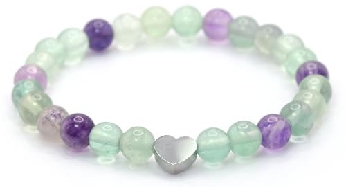 Echtes Regenbogenfluorit Edelstein Armband mit 6mm Perlen und Edelstahlherz - verschiedene Längen - Heilstein Schutzstein Talisman Glücksbringer Geschenk (Fluorit, 22CM)