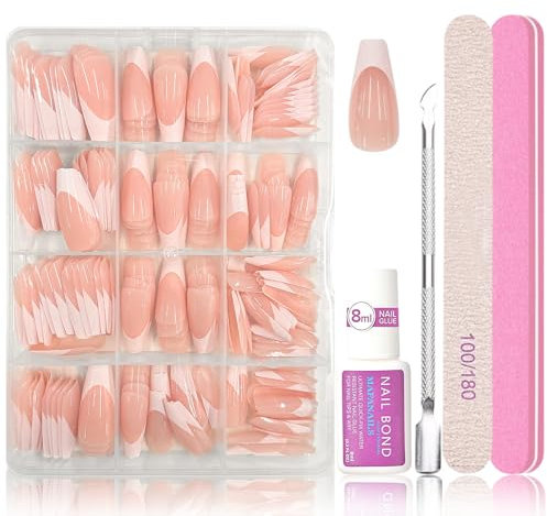 240Pcs French Falsche Nägel - Long Coffin Press On Nails - Künstlich Falsche Nägel zum Aufkleben - Ballerina Nail Art Manicure Dekorationen (Nude Pink Long Coffin)
