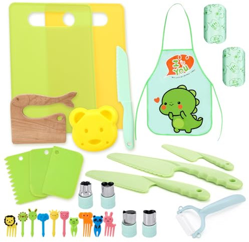saerryor 27 PCS Kids Knife Set for Chopping, Toddler Knives Sets Kitchen Safety Knives for Kids Children's Cooking Knives with Plastic Cutting Board Grip Serrated Edges for 3 4 5 Years Toddlers