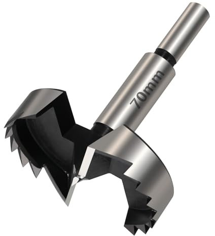 Vearter Broca Forstner de 70 mm, de acero con alto contenido de carbono con vástago redondo, broca perforadora para madera, madera maciza, MDF, plástico, aglomerado, madera contrachapada