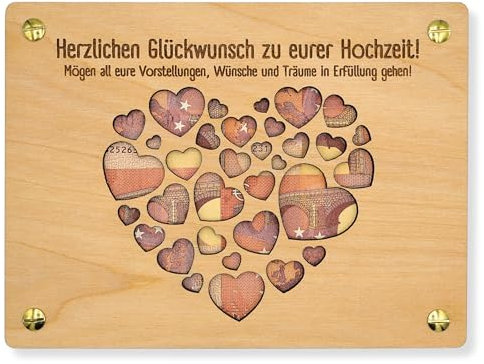 ZUKLA Verpackung für Geldgeschenke zur Hochzeit Herz XL 20 x 15 cm mit Umschlag - Hochzeitskarte Geldgeschenk Verpackung Holz - Hochzeitsgeschenk für das Brautpaar - Hochzeitsgeschenk Geld