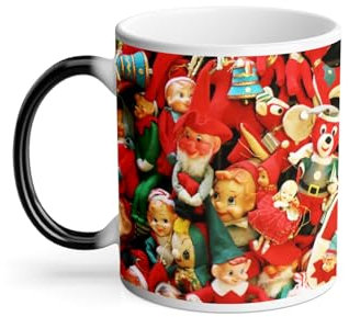 Thermoreagierende Tasse Magische Tasse – Weihnachtswichtel, Weihnachtsmann, Vintage-Motive, Retro, Santa Claus 50er Jahre, 325 ml