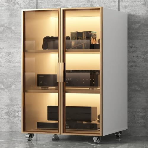 JIAOCKJIAO Stereo Schrank, Phonoschrank mit Glastür, Audio Rack mit Rollen, Kleiner TV-Schrank mit Kabellöchern, Record Player Stand mit Verstellbaren Regalen(Wit,3 Tier 54x52x102CM)