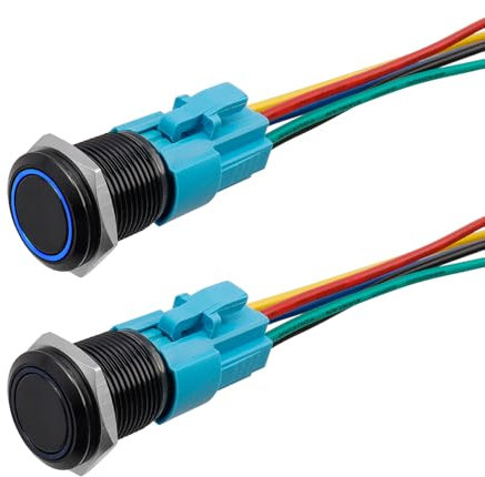Treki 2 Stück 16mm Verriegelung Druckschalter mit Led 12v Beleuchtet Drucktaster mit 2-teilig Kabelbuchsenstecker, Wasserdicht Druckknopfschalter Schalter Tastend Flach Taster mit Symbol Licht (Blau)
