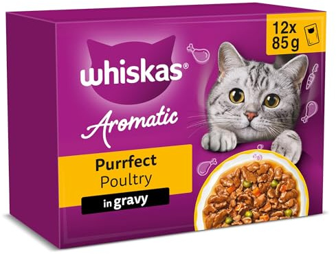 WHISKAS AROMATIC Adult Wet Cat Food in Gravy 12x85g Purrfect Poultry (Pack of 4)