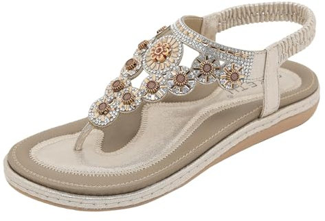 Sandales à bout pour femme - Tongs de plage en cristal - Sandales plates d'été pour femme - Sandales plates à bride - Sandales décontractées à bout ouvert à la cheville, doré, 37 EU