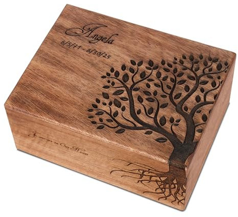 The Maryam Crafts Personalized Handmade Wooden Box Funeral Cremation Urns for Human Ashes Adult Large - Burial Urns for Columbarium - Tree of Life #3 (Medium - 8 x 6 x 3.5 inches)