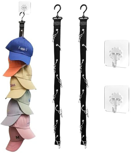 GSDGV 2 Pieces Hat Storage, Hat Rack for Wall, Baseball Cap Storage with 16 Stainless Steel Clips and 2 Self Adhesive Hooks, Hanging Hat Organiser for Door Closet Hat Storage Display (Black)