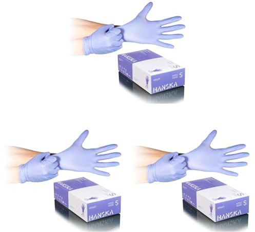 HANSKA 100 Guanti Monouso Nitrile Viola - Senza Polvere - Usa e Getta- Ambidestri - Non Sterili - Base di Gomma - Adatti per Ambiti Medici, Manipolazione degli Alimenti (100, S) (Confezione da 3)