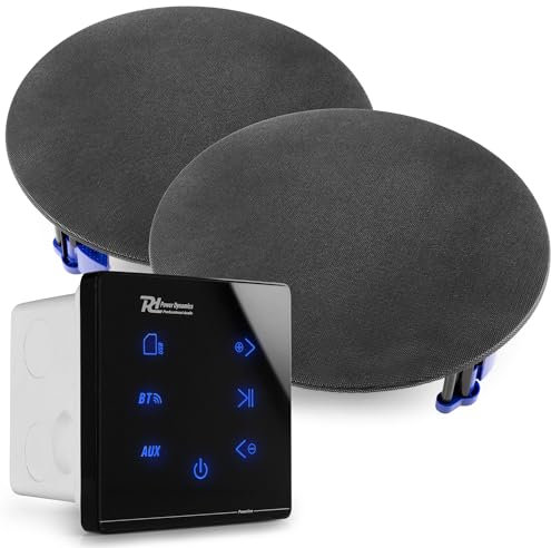 Power Dynamics A50B Bluetooth Deckenlautsprecher Set - 2X Einbaulautsprecher 6,5 Schwarz - 40 Watt Verstärker Unterputzradio, 55mm Tief - Radio, USB & SD für Wohnzimmer, Büro, Gastro & Außenbereich