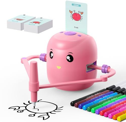 Drawing Robot for Kids,Montessori Educational Painting Toy for 5+ with Voice Interaction&16 Color Pens,Magic Drawing Robot with 100 Learning Word Cards, Suitable for 5+ Year Old Boys Girls (Pink)
