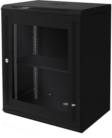 ECD Germany Netzwerkschrank 15 HE, Serverschrank 19 Zoll, Schwarz, Wandmontage, 450 mm Tiefe, 600 x 770 x 450 mm, voll montiert, Server Gehäuse mit abschließbarer Sicherheitsglastür, Traglast 60 kg