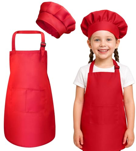 KUMSODE Delantal de Cocina Infantil + Gorro de Cocinero, Ajustable con Bolsillos, Para Niños de 7-13 Años, Rojo, Sólido