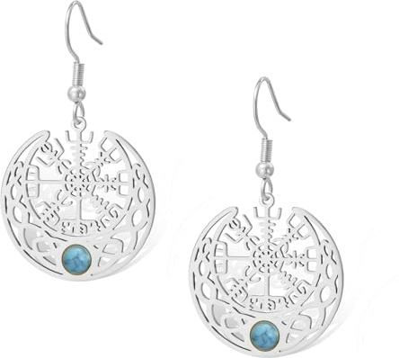 Nordische Wikinger Ohrringe Edelstahl Kompass Vegvisir Dangle Mondsichel mit Türkis Keltischer Knoten Talisman Amulett Schmuck