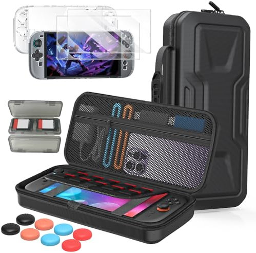FYOUNG 5-en-1 Étui de Protection Kit d'accessoires pour Nintendo Switch 2(2025) - Pochette de Transport Rigide en EVA + Coque Cristal + 2 Verre Trempé + Capuchon stick + Cartouches de Jeu - Noir