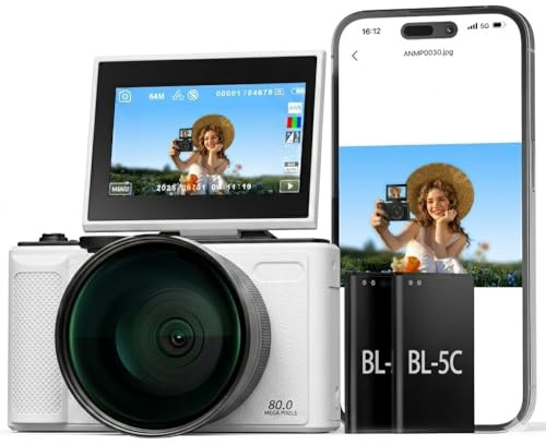 5K Digital Camera for Photography, 80MP Autofoucs Vlogging Camera for YouTube with 3 180° Flip Screen, 18X Digital Zoom Travel Camera for Beginner, Teens with 64GB Memory Card ＆ 2 Batteries