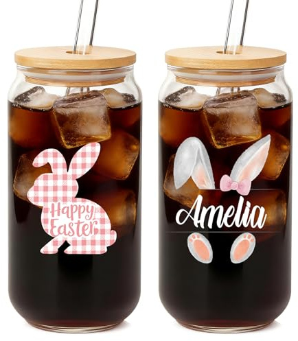Mason Life Personalized Easter Glass Cup with Bunny Tail -Double Sides Printed 18oz Custom Name Can Shaped Tumbler Matcha Cup with Bamboo Lid & Straw Easter Gifts