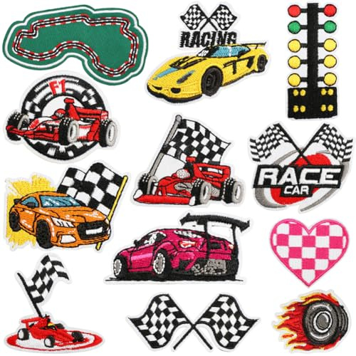 LIAJIA Auto Patch zum Aufbügeln Bügelflicken Kinder Rennwagen Bestickt Aufbügler Patch Rennauto für Kleidung Applique Flicken Patches DIY T-Shirt Jeans Deko