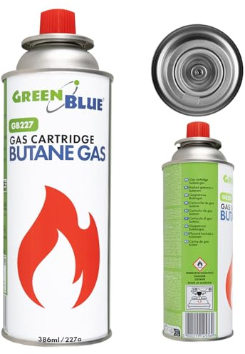 Green Blue GB227 Gaskartusche 227 g (386 ml) Butan, EN417, mit Gewinde, automatisches Ventil, wiederverwendbar, für Campingkocher | Einsatzbereich: -10 °C bis +40 °C (1, farblos)