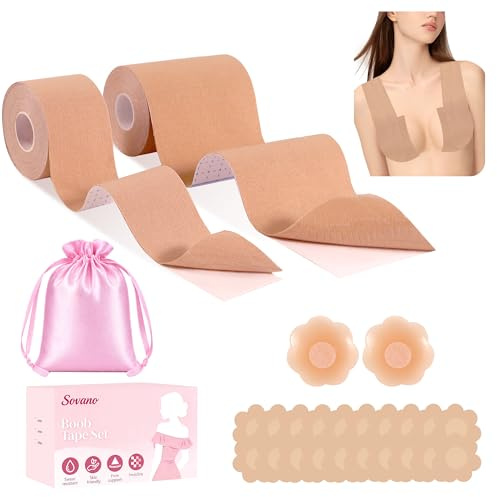 Sovano Boob Tape, Brust Tape Push Up 2 Rolls Zwei Größen Boobietape Klebe BH Body Tape, Boobytape Brust Unsichtbares Brustband Tape mit Silikon Nippelpads, Nippel Cover