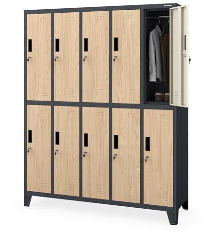 Jan Nowak Umkleideschrank Spindschrank Metall, 10 Fächer, abschließbar | Schließfachschrank für 10 Nutzer, Kleiderstangen, Lüftung, Etikettenhalter, Stahlkorpus und Wandmontage, 172x136x45 cm