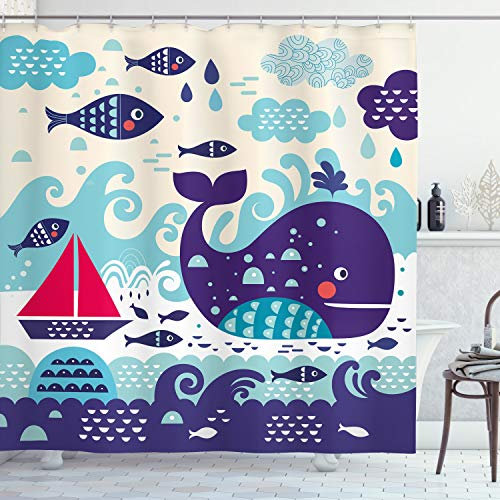 ABAKUHAUS Walfisch Duschvorhang, Cartoon-Wal eines Fisch, Stoffliches Gewebe Badezimmerdekorationsset mit Haken, 175 x 220 cm, Lila