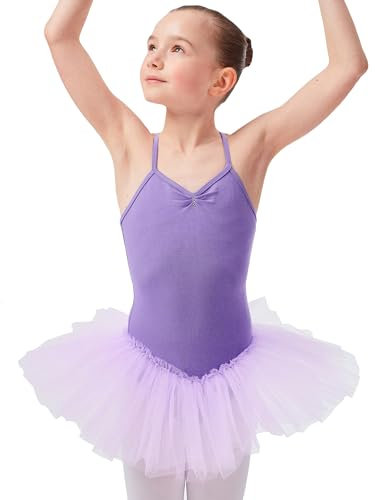 tanzmuster Ballettkleid Mädchen Tutu - Kim - weicher Baumwollstoff - Glitzersteine - Ballett Trikot mit Tüllrock für Kinder - Lavendel, 164/170