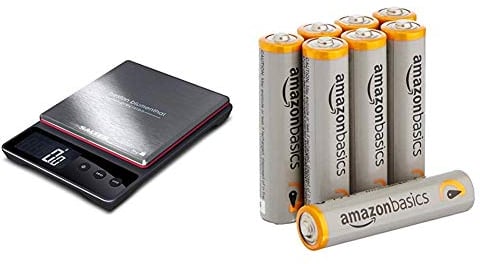 Heston Blumenthal Precision Kitchen Cooking Scales by Salter, Weigh Food up to 5kg Within 0.5g Accuracy, 15yr Guarantee – Black/Silver & Amazon Basics AAA Performance Alkaline Batteries [Pack of 8]