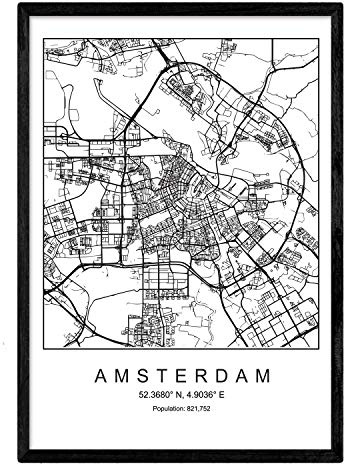 Carte de la Carte de la Ville Amsterdam Nordic Style en Noir et Blanc. Affiche A3 Taille encadrée avec du Papier Noir imprimé 250 GR. Photos, draps et Affiches pour Salon et Chambre à Coucher