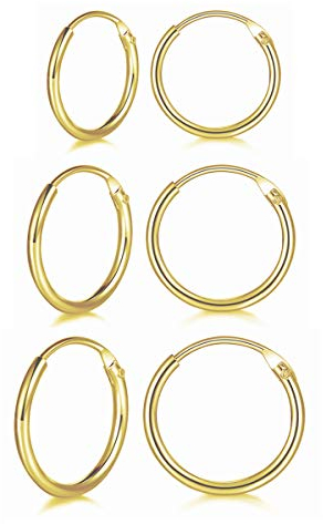 Dicheng Creolen Silber Damen Ohrringe, 3 Paare 925 Sterling Silber Gold Creolen Ohrringe Set, Hypoallergen Unisex Klein Schlafen Knorpel Kreolen Nasen Ringe, Dicke 1.2 mm, Durchmesser 10, 12, 14 mm