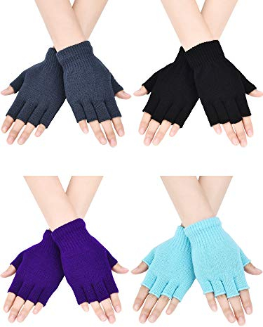Bememo Fingerlose Handschuhe, Halbfinger-Handschuhe, Winter, einfarbig, gestrickt, für Jungen und Mädchen, 4 Paar, Schwarz, Grau, Himmelblau, Violett, 5.5 x 3.9 inches