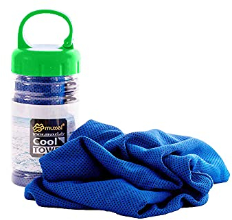 Muxel Cool Down Tuch Handtuch Kühltuch gegen Schweiß Sporthandtuch Fitnesshandtuch 2 Tücher und Flasche BLAU