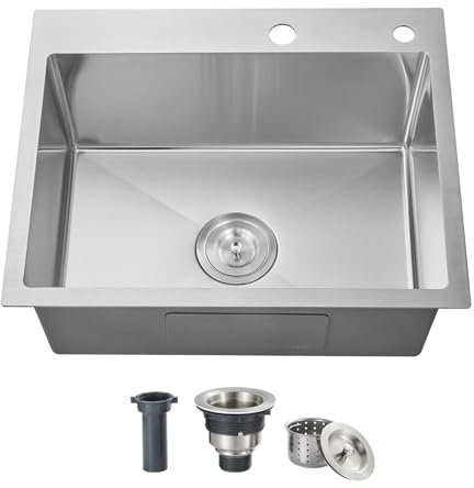 ROVOGO Fregadero de cocina de 24 pulgadas, montaje superior de acero inoxidable 304, fregadero moderno de 9 pulgadas de profundidad para cocina, cepillado, 24 x 18 x 9 pulgadas