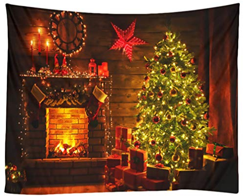 PRETYZOOM 150x130cm Christmas Tapestry Fireplace Xmas Tree Polyester Wall Hanging Carpet Christmas Party Photo Backdrop Livingroom Bedroom Decoration