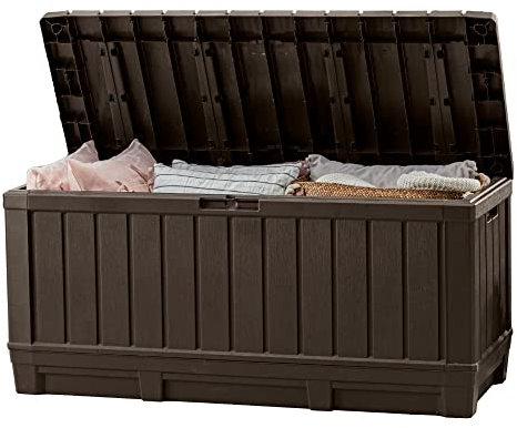 Keter Kentwood 92 Gallon Resin Deck Box-Organization and Storage for Patio Furniture Outdoor Cushions, Throw Pillows, Garden Tools and Pool Floats, Brown
