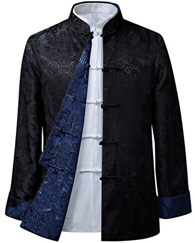 Tang Suit Costume de kung Fu à manches longues pour homme - Uniforme chinois traditionnel - Tenue de méditation et d'exercice - Bleu - Noir , Large
