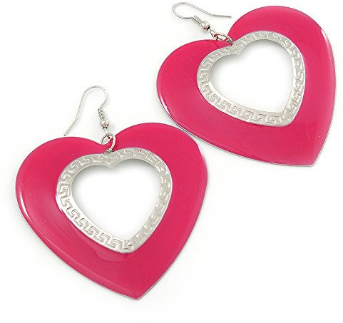Orecchini a cerchio a forma di cuore smaltato fucsia, tonalità argento/70 mm L, Misura unica, Metallo