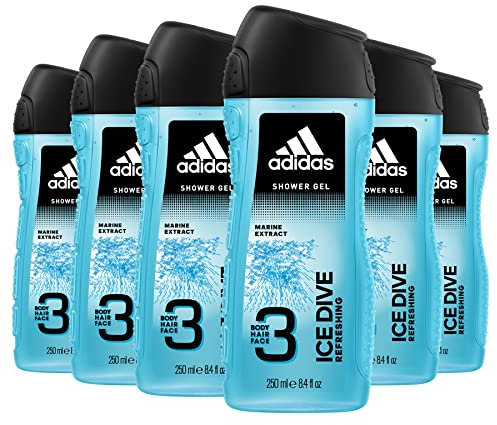 Adidas, Ice Dive Gel Doccia Bagnoschiuma 3 in 1 per Corpo, Capelli e Viso, 6 flaconi da 250 ml