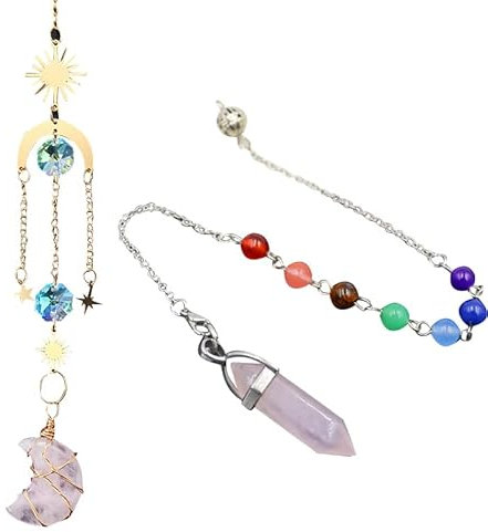 Pendentif carillon à vent en cristal rose et pendentif en forme de lune avec cristaux roses