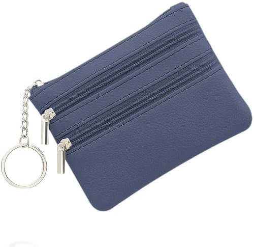 Klein Münzbörse, Leder Geldbörse Kreditkartenbörse mit DREI Fächern, Reißverschluss, Schlüsselanhänger, Klein Geldbeutel Business Card Mini Wallet für Damen(Hellblau)