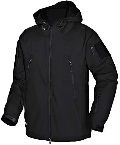 Wuzfully Softshelljacke Herren Militär Taktische Wasserdicht Winter Mantel mit Kapuze und Multifunktionalen Reißverschluss Taschen Schwarz Größe XL