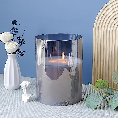 JHY DESIGN Flammenlose Kerzen aus Glas mit 3 Dochten, batteriebetrieben, tanzende Flamme, große LED-Stumpenkerzen mit 6-Stunden-Timer, Kerze mit beweglichem Docht für Zuhause, Party, Festival (Grey)