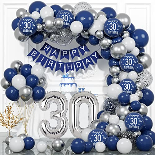YIMAKJ 30. Geburtstag Deko: Happy Birthday Girlande Ballon Blau Silber, Luftballons für Deko, Birthday Party Decorations
