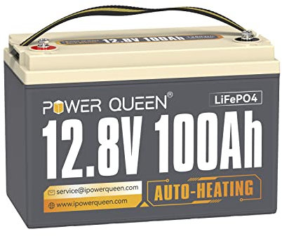 Power Queen 12V 100Ah Auto-Heating LiFePO4 Batterie, avec 100A BMS, Support Low Temp. 4°F/-20°C, batterie au lithium-fer avec 4000+ cycles, parfaite pour les camping-cars et les systèmes hors réseau.…