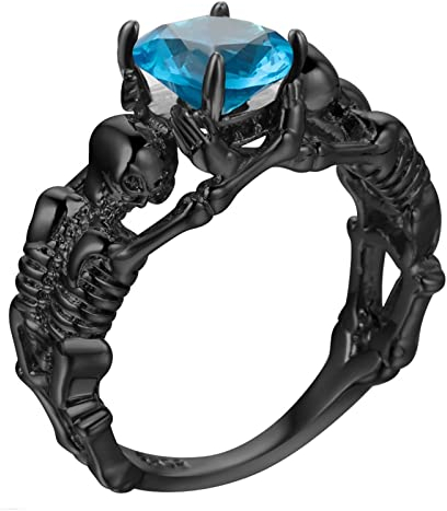Engagement Ring, Memento Mori Ring Solitär Schädel Schwarz mit Blau Rundschliff Zirkonia Größe 52 (16.6)