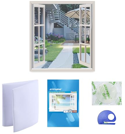 JIT-FUNG Mosquitera para Ventanas, Malla Ajustable 130x155cm Recortable al Tamaño, Protección contra Insectos y Moscas, con Cintas Autoadhesivas y Cuchillo (Blanco, 1 Juego)