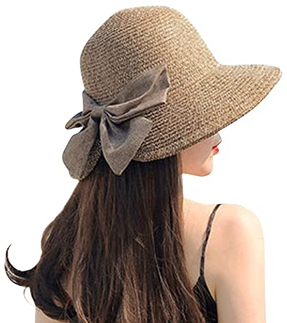 Women Sun Straw Hat Ladies Bowknot Straw Hat UPF 50+ Summer Beach Cap Elegant Wide Brim Bucket Hat Adjustable Sun Visor Hat Foldable Packable Outdoor Cap for Hiking, Camping, Gardening, Travelling